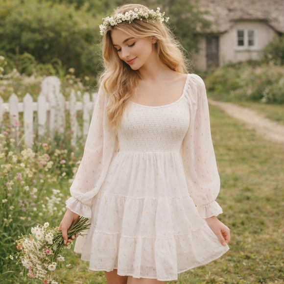 Altar'd State Dresses & Skirts - Altar’d State White Smocked Dress‎ Gold Dot Tiered Size M Cottage Fairy Boho